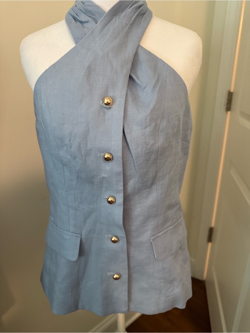 Commense Light Blue One-Shoulder Linen Button Dress